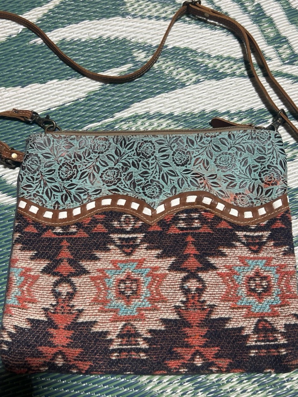Myra Bag Teal and Brown Southwest Floral Crossbody